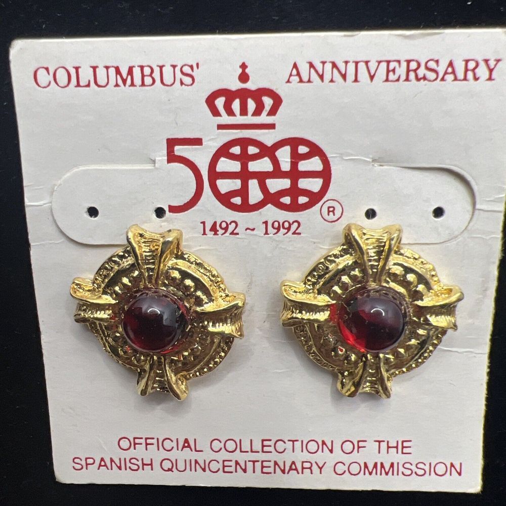 500th Columbus Anniversary Earrings 1492-1992 Gold Costume Jewelry
